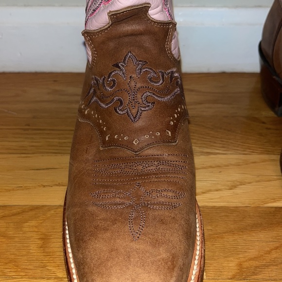 Ladies Punchy Pink with Coffee Westerner Cowhide Foot Wide Square Toe Boots - Picture 3 of 7